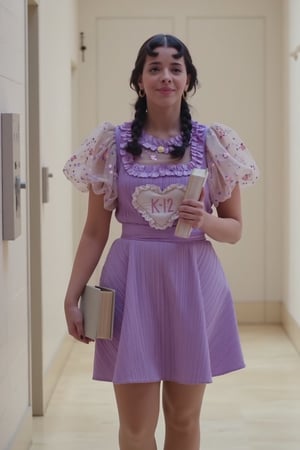 walking,k-12 purple dress,smiling,A woman,twin_braid,holding books, Corridor 