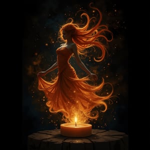   Flame from a candle transforms into a dancing woman Black background. ultra-detailed, bright colors, vivid colors, saturated colors,   (masterpiece),  minimaliistic, simple line art, painting , best quality,good anatomy, (1 girl), swirling orange yellow blue hair, beautiful, Pierre-Auguste Renoir ~ Paul Peel ~ John Singer Sargent ~ Alexandre-Jacques Chantron ~ John William Godward ~ John William Waterhouse ~ Han-Wu Shen ~ Ishitaka Amano ~ Chakrapan Posayakrit ~ Kim Jung Gi ~ Kei Mieno ~ Ikushima Hiroshi ~ WLOP ~ William-Adolphe Bouguereau ~ Alphonse Mucha ~Luis Royo ~ Jock Sturges photography ~ Range Murata ~ beautiful woman, Ancient Thailand,dashataran,ink ,style