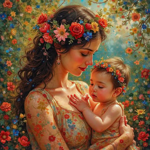 Beautiful mother and child in arms, wild flowers, cascading petals and the embrace of nature, colorful, bronze contours, warm lighting, intricate and highly detailed motifs, organic tracery, perfect composition, high resolution, vibrant, chiaroscuro, seasonal art, volumetric lighting, sharp focus, high contrast, masterpiece by Carne Griffiths