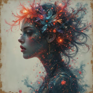 (best quality,8K,highres,masterpiece), ultra-detailed, double exposure imagery that merges the ethereal, surreal styles of Natalia Drepina and Brooke Shaden with a vibrant, colorful twist. Set against a backdrop of vintage cracked paper, this piece becomes a dynamic and unusual exploration of color and form. It combines hauntingly beautiful figures with surreal landscapes, all infused with vivid, luminous colors that breathe life into the composition. The artwork is designed to captivate and intrigue, drawing the viewer into a deeply emotional and abstract narrative, while the colorful palette adds a layer of vibrancy and depth to the surreal and timeless aesthetic.