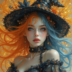 (masterpiece),  minimaliistic, simple line art, painting , best quality,good anatomy, (1 girl), beautiful witch, hat,  sway orange yellow blue hair, magical creature, beautiful, full body, Pierre-Auguste Renoir ~ Paul Peel ~ John Singer Sargent ~ Alexandre-Jacques Chantron ~ John William Godward ~ John William Waterhouse ~ Han-Wu Shen ~ Ishitaka Amano ~ Chakrapan Posayakrit ~ Kim Jung Gi ~ Kei Mieno ~ Ikushima Hiroshi ~ WLOP ~ William-Adolphe Bouguereau ~ Alphonse Mucha ~Luis Royo ~ Jock Sturges photography ~ Range Murata ~ 