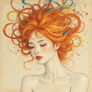 (masterpiece),  minimaliistic, simple line art, painting , best quality,good anatomy, (1 girl), swirling orange yellow blue hair, beautiful, Pierre-Auguste Renoir ~ Paul Peel ~ John Singer Sargent ~ Alexandre-Jacques Chantron ~ John William Godward ~ John William Waterhouse ~ Han-Wu Shen ~ Ishitaka Amano ~ Chakrapan Posayakrit ~ Kim Jung Gi ~ Kei Mieno ~ Ikushima Hiroshi ~ WLOP ~ William-Adolphe Bouguereau ~ Alphonse Mucha ~Luis Royo ~ Jock Sturges photography ~ Range Murata ~ beautiful woman, Ancient Thailand,dashataran,ink ,style