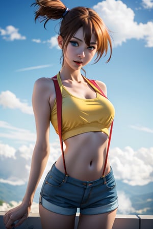 "Generate an realistic image of Misty from the popular anime series 'Pokemon', Misty stands with Savage, With Cut Black Short her brown hair flowing, and his bright blue eyes winked. The scene is set against a backdrop of a lush sky, Navel, bold, sexy,Misty_Pokemon