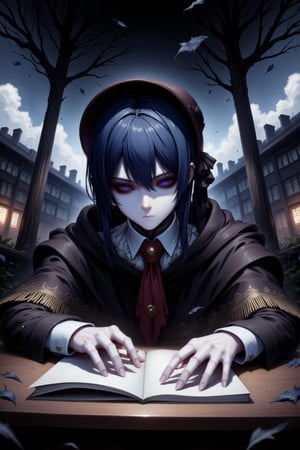 Anime niji style shot, boy on a desk with his hand on a notebook, , school landscape with buildings in the background, sharp lights and details with eerie lighting, sharp contrast, dynamic composition, great detail in shadow and facial expression. The boy is a young man with blue-black hair, attractive but serious.