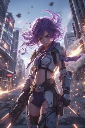 A close-up shot of the girl's determined face as wind whips her vibrant purple hair into a frenzy, her white-tinged warrior outfit glistening in the dimly lit atmosphere. She stands ready for battle, futuristic weapon at the ready, sparks and debris flying wildly around her. Shadowy silhouettes crumble in the background as buildings fall, capturing the dynamic angle view with a sense of urgency and adventure.