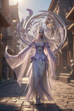 A majestic young woman stands proudly in the midst of an ancient city, her long white hair blown by the wind as she wears a flowing white warrior's cloth. A grand decoration floats behind her shoulders, its intricate details glistening in the soft, warm light. She strikes a dynamic pose, one leg bent and arms outstretched, amidst the scattered shadows on the streets and buildings. Rim light casts a subtle glow around her figure, while studio lights and backlighting create depth and dimension. The Rembrandt-esque lighting emphasizes her powerful presence, as if she's about to charge into battle.