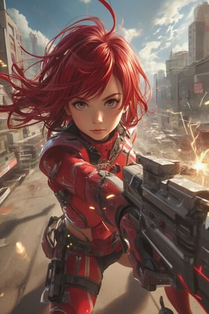 A close-up shot of the determined girl's face, her bright red hair whipping wildly in the wind as she assumes an attack stance, donning a striking red warrior outfit. Her massive futuristic weapon crackles with energy, sending sparks and debris flying chaotically through the air. Shadows cast by the setting sun fall ominously around her, while the dynamic angle view and perspective evoke a sense of high-stakes adventure.