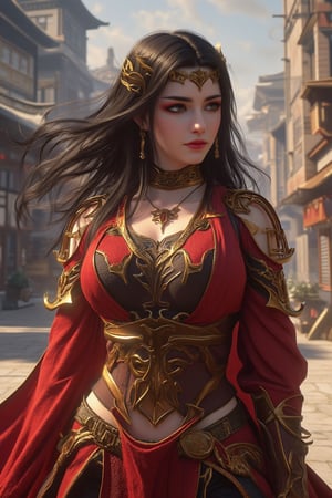 black long hair young woman wearing red warrior cloth, wind blow her hair and her cloth., there is a floating large decoration rune behind her shoulders,  posing with random pose in the middle of ancient city. shadow scattering on the streets and buildings. rim light. studio light, backlight. rembrandt light. amazing pose