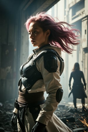 Close-up shot of the girl's resolute face, wind whipping her pink-purple hair into turbulent frenzy. Determined gaze fixed forward, white-tinged warrior attire glistens under dim lighting. Futuristic weapon at the ready, sparks and debris swirl chaotically around her as she stands poised for battle. Shadowy silhouettes crumble in background, capturing dynamic view with sense of urgency and adventure.