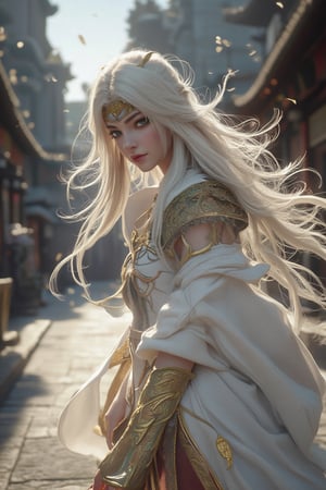 white long hair young woman wearing white warrior cloth, wind blow her hair and her cloth., there is a floating large  decoration behind her shoulders,  posing with random pose in the middle of ancient city. shadow scattering on the streets and buildings. rim light. studio light, backlight. rembrandt light. amazing pose