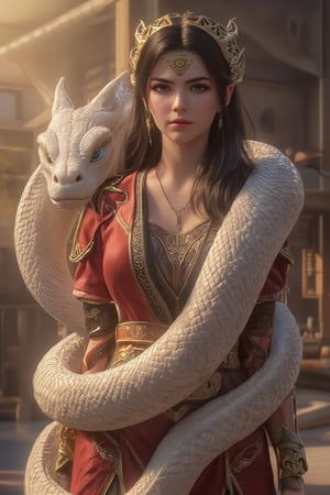 A close-up portrait of a fierce black-haired warrior girl donning crimson garments and ornate accessories, set against the ancient town's rustic backdrop. Her piercing gaze radiates confidence as she stands firm, flanked by the serpentine guardian: a gargantuan white python coiled protectively around her, its scales glistening in the warm sunlight.