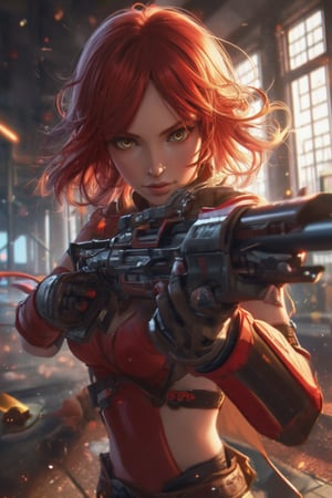 Close-up shot of a fiery-haired heroine, her bright red locks blown back by the fierce wind as she assumes an attack stance, grasping a massive futuristic weapon in a bold, red warrior's attire. Sparkling debris and sparks dance wildly around her as the dimly lit scene is cast in shadows, with dynamic perspective emphasizing the thrilling adventure unfolding before us.