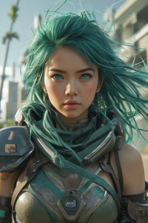 A close-up shot captures the determination etched on the girl's face as she stands strong against the gusts of wind. Her vibrant green locks, adorned with wisps and tangles, are blown back in every direction, framing her features. The futuristic warrior attire, emblazoned with metallic accents, complements her intense gaze. A sleek, high-tech weapon is held firm in her hand as she readies for adventure. The camera zooms in dynamically from above, capturing the dynamic interplay between her hair, outfit, and determined expression.