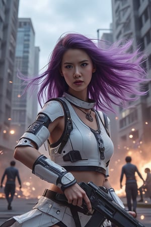 A close-up shot of the girl's determined face as wind whips her vibrant purple hair into a frenzy, her white-tinged warrior outfit glistening in the dimly lit atmosphere. She stands ready for battle, futuristic weapon at the ready, sparks and debris flying wildly around her. Shadowy silhouettes crumble in the background as buildings fall, capturing the dynamic angle view with a sense of urgency and adventure.