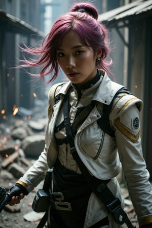 Close-up shot of the girl's resolute face, wind whipping her pink-purple hair into turbulent frenzy. Determined gaze fixed forward, white-tinged warrior attire glistens under dim lighting. Futuristic weapon at the ready, sparks and debris swirl chaotically around her as she stands poised for battle. Shadowy silhouettes crumble in background, capturing dynamic view with sense of urgency and adventure.