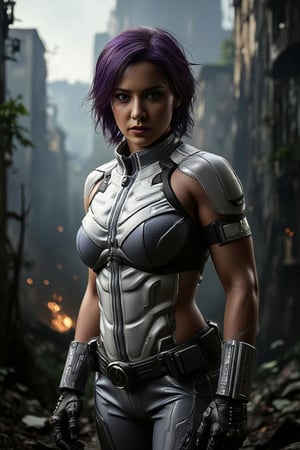 A close-up shot of the girl's determined face as wind whips her vibrant purple hair into a frenzy, her white-tinged warrior outfit glistening in the dimly lit atmosphere. She stands ready for battle, futuristic weapon at the ready, sparks and debris flying wildly around her. Shadowy silhouettes crumble in the background as buildings fall, capturing the dynamic angle view with a sense of urgency and adventure.