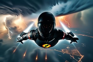 A dynamic portrait of Atta flying at supersonic speed through a massive thunderstorm, taken with an IMAX 70mm camera for unparalleled depth and clarity. Atta, in his sleek black superhero suit, cuts through the storm clouds, lightning flashing around him as rain whips across his face. Directed by Christopher Nolan, the camera captures Atta from a wide, low angle as he rockets upward toward the dark, swirling sky, his clean-shaven face filled with focus and determination. The storm’s violent energy surrounds him, bolts of lightning reflecting off the wet surfaces of his suit. The atmosphere is charged with electricity, and each drop of rain is captured in crisp detail by the ultra-high frame rate, while the distant city below glows faintly in the storm’s fury. The scene is intensely dramatic, with deep shadows and piercing highlights from the lightning, framing Atta’s figure as a force of nature, seemingly invincible amidst the chaos.,#atta,#$atta1