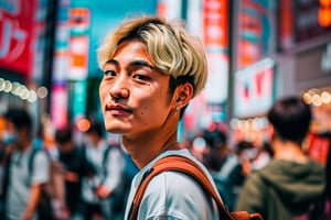 Capture a dynamic moment of a young man navigating the bustling streets of Shibuya, Tokyo. With short, light blonde hair and a bright smile, he wears a white T-shirt. Use a Sony A7 III with a 24mm f/1.4 lens, set to f/2.8 to create depth in the busy urban environment. The background features neon lights, towering billboards, and a sea of colorful street fashion, embodying the energy of the city. Capture the vibrant atmosphere as he interacts with the lively crowd, his expression radiating joy and curiosity. The scene is infused with cinematic natural lighting and a fine film grain to emphasize the excitement of city life,#$atta1,#attafutu$