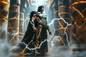 A dynamic action shot of Atta, dressed as a thunder god in flowing black battle armor with glowing, crackling veins of electricity coursing through it. He stands in the center of an ancient, mystical temple, surrounded by pillars engraved with lightning symbols, ready for combat. Captured with a high-speed Phantom Flex 4K camera, each movement is shown in stunning slow motion as he channels a storm of lightning from his hands, sending crackling bolts across the stone floor. Directed by John Woo, the scene is choreographed with cinematic precision—debris flies as Atta’s lightning shatters the pillars, while the camera circles around him, capturing every intense detail. Shafts of light break through cracks in the temple’s ceiling, illuminating Atta’s face as he gazes forward with the focus and strength of a god. Sparks dance in the air, and the rumble of thunder reverberates through the ancient hall, creating a sense of awe and impending danger. The wide-aperture lens adds depth, isolating Atta in a world of stormy, electric energy.,#$atta1,#atta,#baksidesign