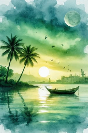 A serene sunset scene with a vibrant green and blue sky. Include the silhouette
of two palm trees on the left side, bending slightly towards each other. In the middle distance, place a small traditional boat floating on calm waters, reflecting the
silhouettes of the trees and itself. Add some birds flying in the distance against the sky, and incorporate a subtle white
moon hanging low in the sky.,Digital Illustration,Watercolor Kiko,WatercolorWash 