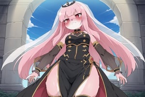 1girl, solo, (dagasi_style:1.5), (furry:1.5), MoriCalliope, long hair, hime cut, 
veil, tiara, black dress, sleeveless dress, side slit, single_thighhigh, black thighhigh, detached sleeves, see-through sleeve, 
zephyr ruins, crumbling pillars, quiet tension, clouds, 
score_9, score_8_up, score_7_up, source_anime, anime screencap