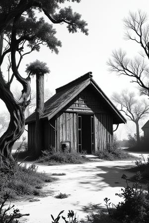 Create a hauntingly evocative 16:9 wide-screen image of a simple wooden and bamboo house nestled at the edge of a village. This dwelling, surrounded by lush trees and dense shrubbery, exudes a mysterious yet calming aura. The scene is illustrated in a surreal, minimalist sketch style and brought to life through monochrome 2D animation, set under the warm glow of the afternoon sun. The image is bathed in a stark, high-contrast black and white palette that seems to consume all sound, evoking an eerie silence despite the daylight. Employ minimalist, yet meticulously crafted linework to highlight the delicate curves and contours of the house, vegetation, and surrounding landscape, drawing out an intense sense of introspection and quiet contemplation. The overall aesthetic should blur the line between reality and abstraction, with soft, whispery textures reminiscent of hand-drawn animation. Integrate subtle shadow play, casting enigmatic shapes that enhance the mysterious and surreal atmosphere across the wide composition, contrasting with the seemingly idyllic village setting. The composition should emphasize the interplay between the simple structure of the house and the organic forms of nature, creating a dreamlike vision that invites viewers into a world where the familiar becomes extraordinary.