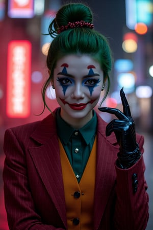 Art of a joker Joker's twisted grin wearing her ((makeup face:1.3)),  ((her suit)), ((black skrit)), black glove sharp claw, ((red smoke)), her ((green ponnytail bun hairstyle:1.5)), sexy pose, dark night, ((neon light city)), cyberpunk realistic city background 