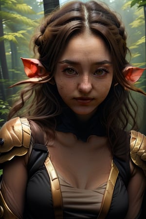 female elf, short dark brown hair, dark brown eyes, slim waist, cute but strong, fit elf, she is using an golden armour and a bow and arrows to fight, she is happy and she is in the middle of the woods, she is caucasian, 23 years old, she has frekles all arround her face 