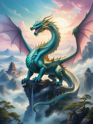 "A graceful fairy sitting atop a majestic Chinese dragon as they soar through the skies. The fairy, with flowing, ethereal robes and glowing wings, gently holds the dragon's mane while her hair dances in the wind. The dragon's long, serpentine body, covered in shimmering emerald and gold scales, twists elegantly through swirling clouds. The sky is a gradient of soft blues and pinks, with beams of sunlight illuminating the pair. Below them, distant mountains and ancient temples fade into the mist. The scene is magical, blending serenity with the raw power of the dragon in flight."n