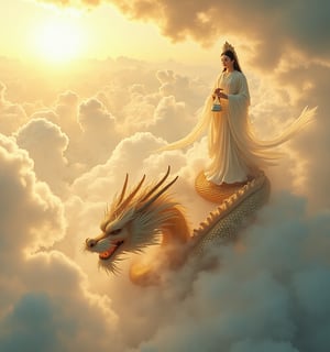 Theme and Composition:

A serene and majestic Guanyin Bodhisattva standing atop a powerful Chinese dragon, with the dragon soaring through the sky in a graceful, coiling motion.
Description of Guanyin Bodhisattva:

Guanyin is wearing a flowing white robe, holding a water vase, with a peaceful and compassionate expression. She wears an elegant crown on her head.
Description of the Chinese Dragon:

The Chinese dragon is coiling through the clouds, covered in shimmering scales, with flowing whiskers, exuding power and majesty. Its eyes are sharp and full of spirit.
Background Environment:

The sky is filled with soft, swirling clouds, with golden light from either a sunrise or sunset shining on both the dragon and Guanyin, creating a sacred and tranquil atmosphere.
Lighting and Color:

Soft light emanates from the horizon, highlighting the contours of Guanyin and the dragon. The scene is bathed in golden and white hues, emphasizing divinity and compassion.