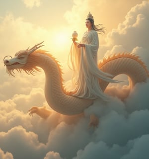 Theme and Composition:

A serene and majestic Guanyin Bodhisattva standing atop a powerful Chinese dragon, with the dragon soaring through the sky in a graceful, coiling motion.
Description of Guanyin Bodhisattva:

Guanyin is wearing a flowing white robe, holding a water vase, with a peaceful and compassionate expression. She wears an elegant crown on her head.
Description of the Chinese Dragon:

The Chinese dragon is coiling through the clouds, covered in shimmering scales, with flowing whiskers, exuding power and majesty. Its eyes are sharp and full of spirit.
Background Environment:

The sky is filled with soft, swirling clouds, with golden light from either a sunrise or sunset shining on both the dragon and Guanyin, creating a sacred and tranquil atmosphere.
Lighting and Color:

Soft light emanates from the horizon, highlighting the contours of Guanyin and the dragon. The scene is bathed in golden and white hues, emphasizing divinity and compassion.