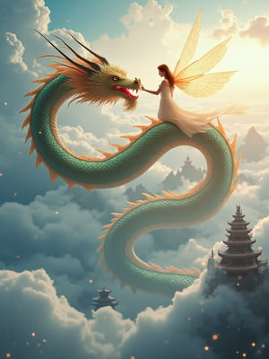 A majestic Chinese dragon, its long, serpentine body stretching across the sky, twists elegantly through swirling clouds as a gentle fairy perches atop. Shimmering emerald and gold scales glimmer in the soft blue and pink gradient above. The fairy's flowing robes and glowing wings blend with the wind-whipped strands of her hair. Her hand cradles the dragon's mane as they soar, the sunlight casting warm beams upon them. Distant mountains and ancient temples dissolve into mist below. Framing the shot, a wispy cloud formation mirrors the dragon's serpentine shape, while the lighting highlights the scales' iridescence.