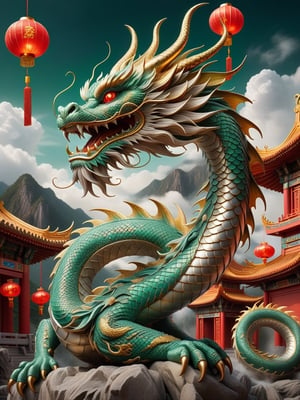 "An intricately detailed traditional Chinese dragon, its long serpentine body coiling through the clouds. The dragon has shimmering emerald and gold scales, sharp claws, and fiery eyes. Surrounding it are swirling mist and red lanterns, symbolizing luck and power, with a backdrop of ancient Chinese temples and mountains. The scene is dynamic and mythical, capturing the dragon in mid-flight as it winds through the air, with a glowing pearl held in its claws."