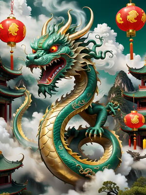 "An intricately detailed traditional Chinese dragon, its long serpentine body coiling through the clouds. The dragon has shimmering emerald and gold scales, sharp claws, and fiery eyes. Surrounding it are swirling mist and red lanterns, symbolizing luck and power, with a backdrop of ancient Chinese temples and mountains. The scene is dynamic and mythical, capturing the dragon in mid-flight as it winds through the air, with a glowing pearl held in its claws."