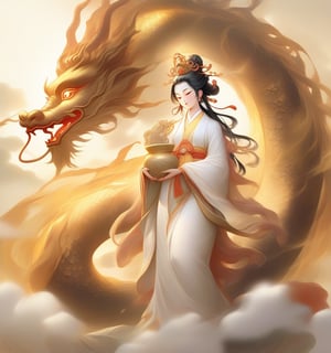 Theme and Composition:

A serene and majestic Guanyin Bodhisattva standing atop a powerful Chinese dragon, with the dragon soaring through the sky in a graceful, coiling motion.
Description of Guanyin Bodhisattva:

Guanyin is wearing a flowing white robe, holding a water vase, with a peaceful and compassionate expression. She wears an elegant crown on her head.
Description of the Chinese Dragon:

The Chinese dragon is coiling through the clouds, covered in shimmering scales, with flowing whiskers, exuding power and majesty. Its eyes are sharp and full of spirit.
Background Environment:

The sky is filled with soft, swirling clouds, with golden light from either a sunrise or sunset shining on both the dragon and Guanyin, creating a sacred and tranquil atmosphere.
Lighting and Color:

Soft light emanates from the horizon, highlighting the contours of Guanyin and the dragon. The scene is bathed in golden and white hues, emphasizing divinity and compassion.