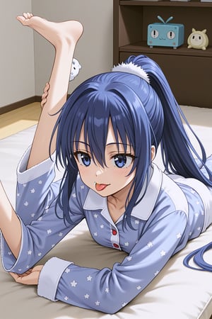 bedroom, , pajamas,yuki ona yukino, long hair, bangs, blue eyes, hair between eyes, blue hair, ponytail, out her tongue,lie down, stretching