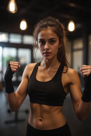 A dynamic gym enthusiast posing in a well-lit fitness studio. Framed from a low angle, the camera captures her energetic expression and toned physique as she flexes her muscles, the warm glow of lamps casting a flattering light on her sweat-glistened skin. Shadows dance across her face, emphasizing her determination and confidence.