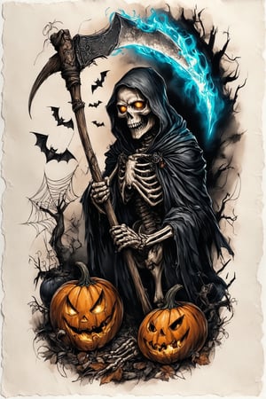 A colorized tattoo art style image of a grim reaper skeleton holding a scythe in a halloween-themed setting, drawn on a piece of paper sheet. The skeleton is intricately detailed with glowing eyes and a menacing expression, surrounded by eerie halloween elements like pumpkins, bats, and cobwebs. The tattoo is vibrant, capturing the spooky atmosphere of Halloween. The composition is dynamic, with the grim reaper's cloak flowing and the skeleton's bones appearing ghostly with glowing blue fire. The lighting is dark and moody, emphasizing the horror elements. The paper sheet is slightly wrinkled, showcasing the bold and detailed tattoo.