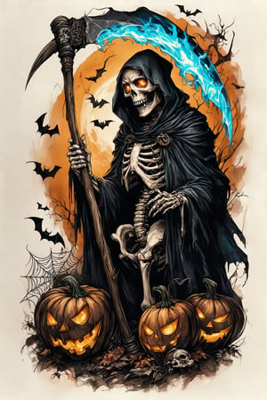 A colorized tattoo art style image of a grim reaper skeleton holding a scythe in a halloween-themed setting, drawn on a piece of paper sheet. The skeleton is intricately detailed with glowing eyes and a menacing expression, surrounded by eerie halloween elements like pumpkins, bats, and cobwebs. The tattoo is vibrant, capturing the spooky atmosphere of Halloween. The composition is dynamic, with the grim reaper's cloak flowing and the skeleton's bones appearing ghostly with glowing blue fire. The lighting is dark and moody, emphasizing the horror elements. The paper sheet is slightly wrinkled, showcasing the bold and detailed tattoo., ghosts