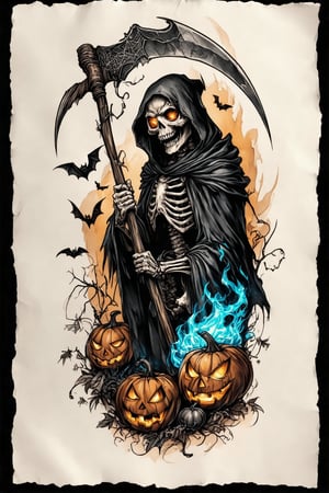 A colorized tattoo art style image of a grim reaper skeleton holding a scythe in a halloween-themed setting, drawn on a piece of paper sheet. The skeleton is intricately detailed with glowing eyes and a menacing expression, surrounded by eerie halloween elements like pumpkins, bats, and cobwebs. The tattoo is vibrant, capturing the spooky atmosphere of Halloween. The composition is dynamic, with the grim reaper's cloak flowing and the skeleton's bones appearing ghostly with glowing blue fire. The lighting is dark and moody, emphasizing the horror elements. The paper sheet is slightly wrinkled, showcasing the bold and detailed tattoo., ghosts