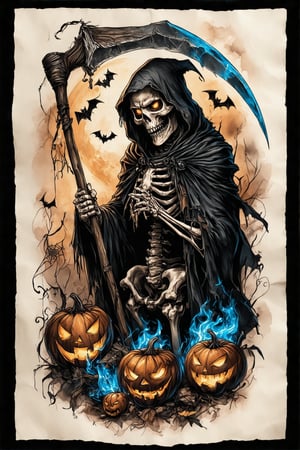 A colorized tattoo art style image of a grim reaper skeleton holding a scythe in a halloween-themed setting, drawn on a piece of paper sheet. The skeleton is intricately detailed with glowing eyes and a menacing expression, surrounded by eerie halloween elements like pumpkins, bats, and cobwebs. The tattoo is vibrant, capturing the spooky atmosphere of Halloween. The composition is dynamic, with the grim reaper's cloak flowing and the skeleton's bones appearing ghostly with glowing blue fire. The lighting is dark and moody, emphasizing the horror elements. The paper sheet is slightly wrinkled, showcasing the bold and detailed tattoo., ghosts