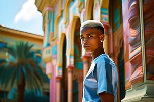 Visualize a young man standing in front of a stunning Art Deco building, its geometric lines and vibrant colors creating a bold backdrop. His short, light blonde hair and confident smile reflect the elegance of the architecture. Use a Fujifilm GFX 100 with a GF 45mm f/2.8 lens, set to f/4 for rich detail and depth. Dressed in a light blue, thinly striped button-up over a white T-shirt, he embodies a modern twist on classic style. Capture the moment as he poses playfully, with a dynamic expression that echoes the vibrancy of the city. The sunlight glints off the building's surfaces, while a fine film grain adds an artistic flair, emphasizing the sophistication of the scene,#attabuild$,#$atta1,#oldism