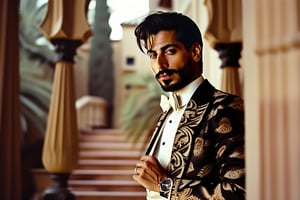 Softly lit, high-contrast, 80s-inspired, hyper-realistic scene of a suave, 30-year-old Middle Eastern man with a gentle smile, quiff hairstyle, and designer stubble, wearing a stylish outfit consisting of a white shirt, Persian-patterned bowtie, and a luxurious vest, posing with his right hand in his pants pocket, showcasing a Rolex wristwatch, set against a warm, sunlit doorway with a wooden staircase in the background, reminiscent of a wedding garden, captured with a Hasselblad 907X and XCD 30mm f/3.5 lens, with a muted color palette, low saturation, and a shallow depth of field, evoking the cinematic style of Stanley Kubrick.,#$atta1,#$atta3