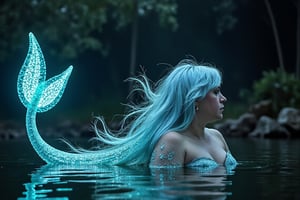 A siren with ethereal beauty, her skin glowing with bioluminescence. She sings a haunting melody as she floats through the deep, dark waters. Her eyes are luminescent and her tail is adorned with sparkling coral. Moonlight illuminates her face, casting an ethereal aura