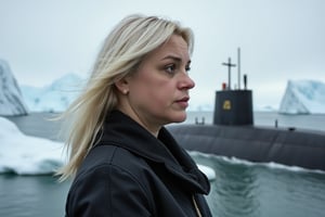 a woman, full-length, 40 years old, blonde, locks of hair softly developing in the wind, standing on the deck of a submarine, snow-covered icebergs around, cold atmosphere, military uniforms 