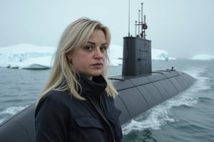 a woman, full-length, 40 years old, blonde, locks of hair softly developing in the wind, standing on the deck of a submarine, snow-covered icebergs around, cold atmosphere, military uniforms 