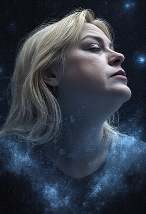 A cosmic portrait of a blonde woman with ghostly outlines woven from galaxies, stars, supernovae and nebulae. Include maximum detail of the cosmos in your work, paying special attention to intricate details