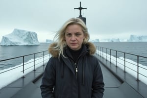 a woman, full-length, 40 years old, blonde, locks of hair softly developing in the wind, standing on the deck of a submarine, snow-covered icebergs around, cold atmosphere, military uniforms 