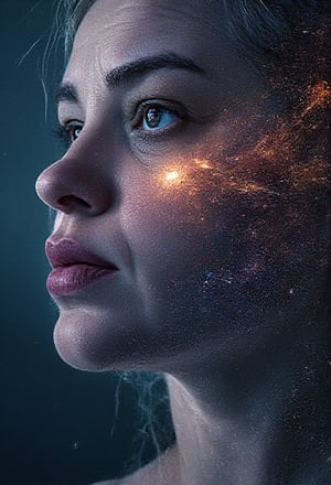 a space portrait of a girl with ghostly outlines woven from galaxies, stars, supernovas, and nebulae. Include the highest detail of space, focusing on intricate details