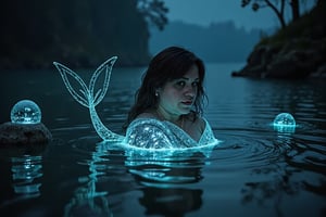 A siren with ethereal beauty, her skin glowing with bioluminescence. She sings a haunting melody as she floats through the deep, dark waters. Her eyes are luminescent and her tail is adorned with sparkling coral. Moonlight illuminates her face, casting an ethereal aura